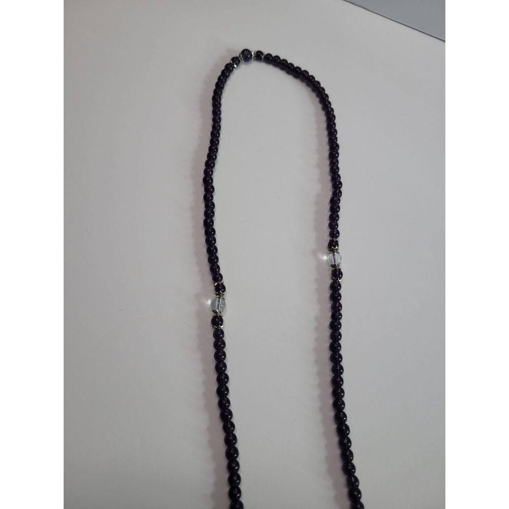Purple Beaded Long Necklace Silver Tone Accent Drop Boho Layering Statement - Picture 7 of 10